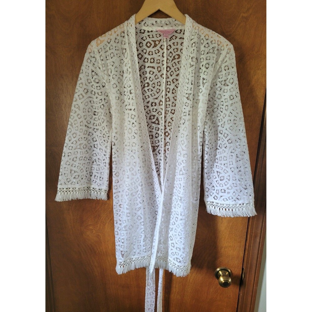 Lilly Pulitzer Lace & Fringe Belted Kimono Cardigan White Size Small